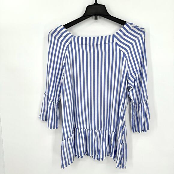 Fred David Plus Sz 1X Blue White Striped Flounce Sleeve Peplum Blouse Top Ruffle - Picture 3 of 10